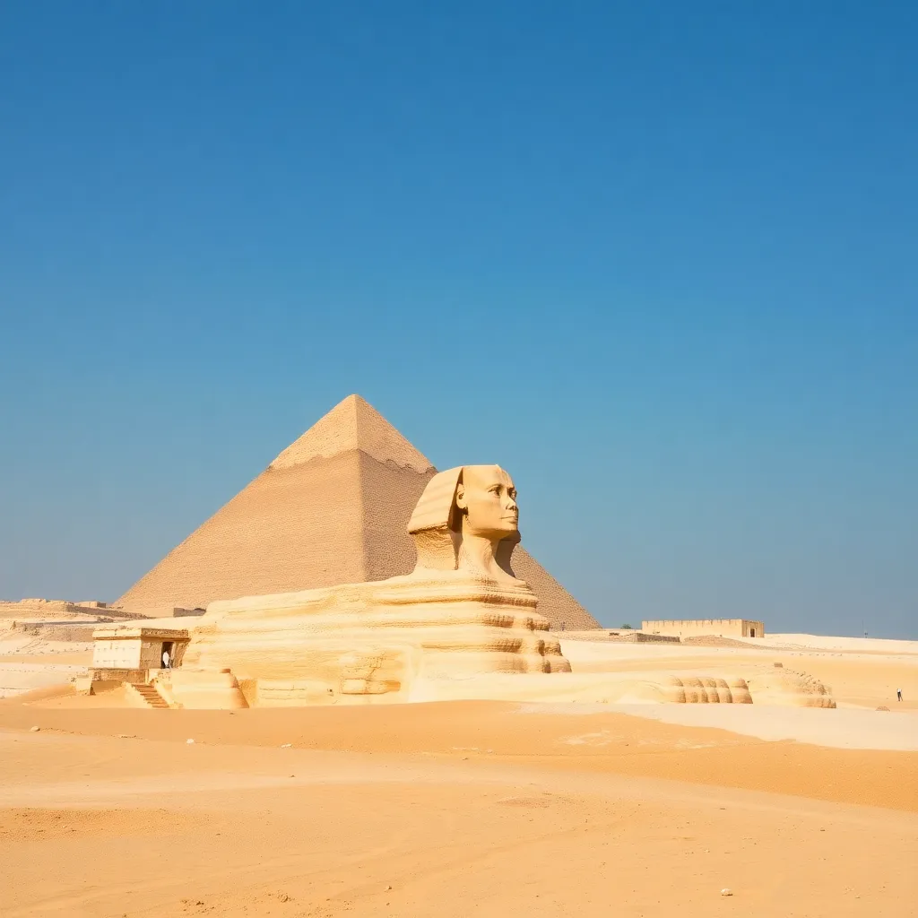 Egypt pyramids and Sphinx under blue sky with sandy desert
