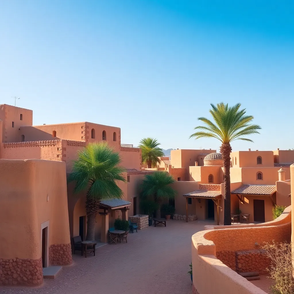 Morocco village with earthen buildings and palm trees under clear sky
